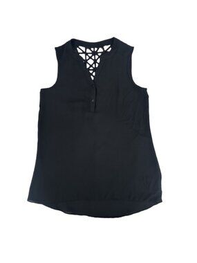 Blouse Women's M Black Lattice Cutout Back Sleeveless V Neck Chiffon Top Office